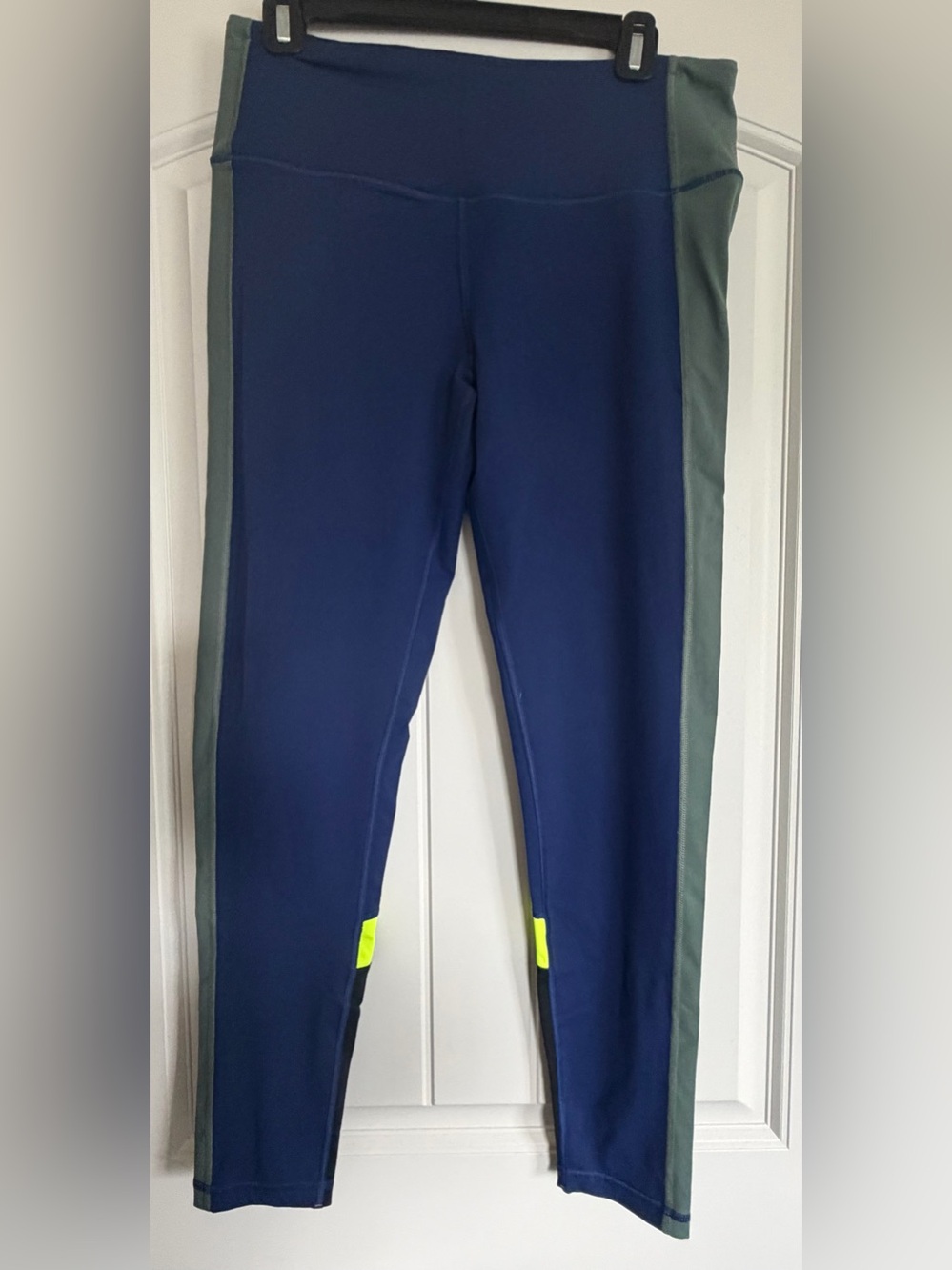 Victoria's Secret Navy Leggings with Olive Side Panels and Neon Yellow Tabs